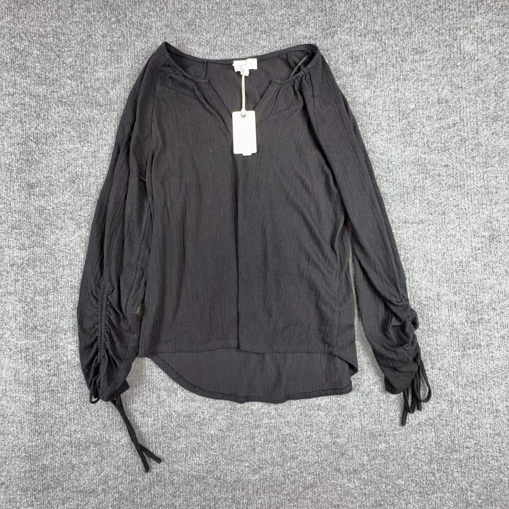 Lucky Brand Blouse Womens Medium Black Scoop Neck Ruched Tie Sleeve Knit‎ Top